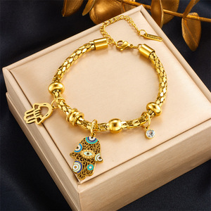 Gold Plated Titanium Steel <b>Hamsa</b> Hand Charm <b>Bracelet</b> For Women Gift Jewelry - Product Image 1
