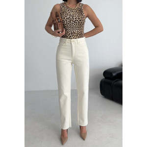 กางเกงยีนส์ทรงตรงแบบมัมฟิตสำหรับผู้หญิง เอวสูง ผ้าเดนิม 100% ผ้าฝ้าย ซักได้ สีขาว สไตล์ยีนส์ - Product Image 1