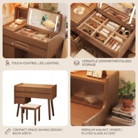 Table de maquillage en bois avec miroir LED, ensemble de coiffeuse de luxe avec tiroirs de rangement cachés et tabouret pour chambre à coucher