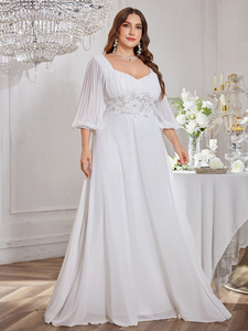 Đèn lồng tay áo sequin thêu trang trí Xếp Li Voan Váy cưới đầy đủ tay áo người yêu đường viền cổ áo thanh lịch Cô Dâu Váy - Product Image 5