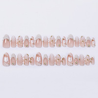 Nouvelles Faux Ongles en ABS en Forme d'Amande, Motif Floral Coquillage Blanc, Strass Dorés, Manucure Française Pré-dessinée