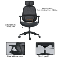 Chaise de bureau ergonomique contemporaine à dossier haut, grise, avec appui-tête réglable, accoudoirs fixes en tissu, base pivotante, inclinaison manuelle