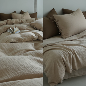 Set di Biancheria da Letto in Cotone 100% con Copripiumino Vintage a Doppio Strato in Crêpe de Chine, Quattro Pezzi con Laccetti - Product Image 2