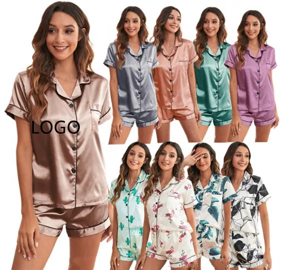 Summer Short Sleeved Korean Printed Casual Girls Floral Satin Silk Pyjama Stripped Women's Sleepwear Two-Piece Women Pajama Suit