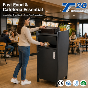 Station de retour de plateaux avec armoire de rangement pour poubelles et étagère supérieure, finition noir mat thermolaqué, certifiée NSF CE - Product Image 2
