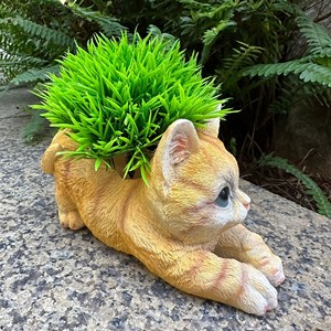 Pot de fleurs en résine en forme de chaton, jardinière décorative pour extérieur, couleur jaune et gris - Product Image 4