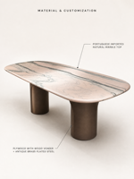 Table à manger en marbre portugais biologique avec base en bois et pilier en laiton antique |   Meubles de luxe sur mesure tout-en-un