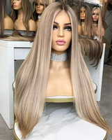 Perruque Lace Frontal Wig HD Invisible, cheveux humains bruts, couleur blond cendré, à reflets, pour femme