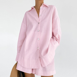 <span class=keywords><strong>Pigiama</strong></span> <span class=keywords><strong>Estivo</strong></span> da <span class=keywords><strong>Donna</strong></span> in Cotone a Maniche Lunghe, Tinta Unita, Rosa, Vendita all'Ingrosso - Product Image 1