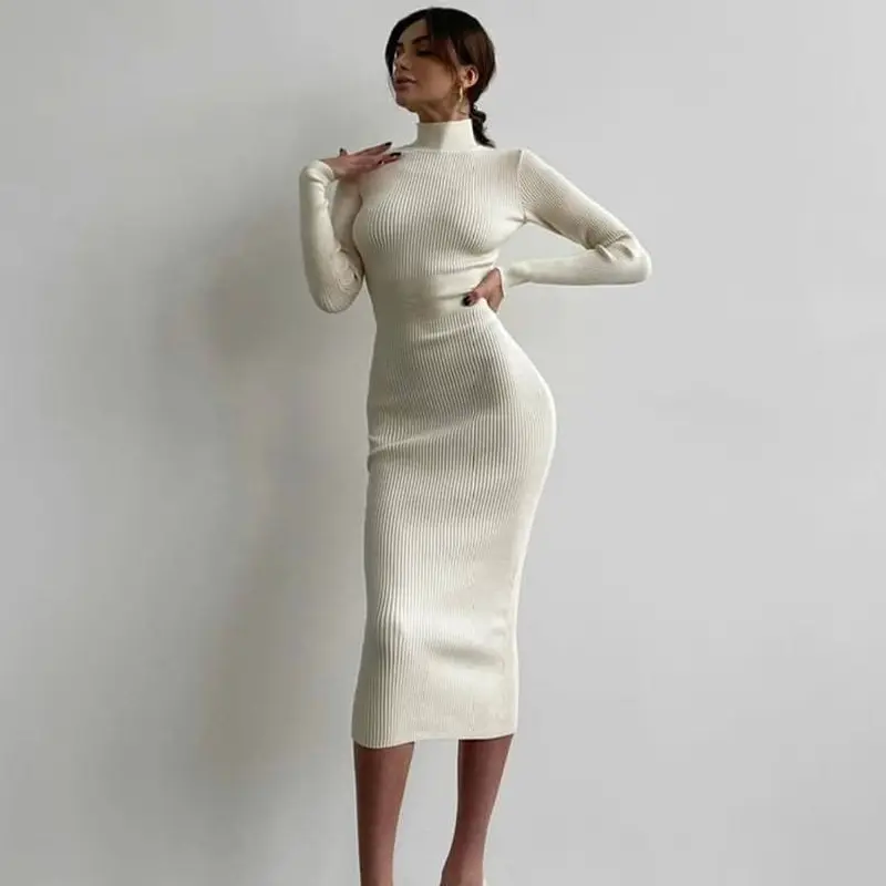 Luxury bodycon high neck long women clothing winter sweater ribbed maxi dresses for women