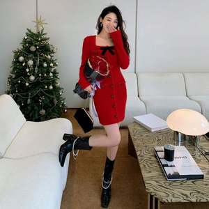 Bettergirl New Red fiocco colletto quadrato snellente in <span class=keywords><strong>maglia</strong></span> gonna Base donna lusso abiti da sera da sera Casual abito elegante - Product Image 1