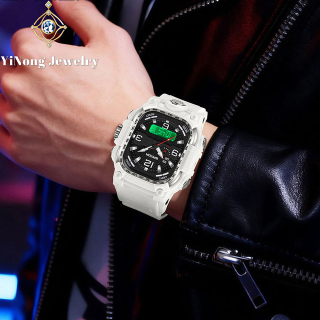 Large Square Case Dial Analog-Digital Sports Watch 5BAR Water Resistant Multiple Time Zone Chronograph Acrylic Strap Men's