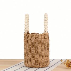 Sac fourre-tout de plage en paille tressée à la main pour femmes, avec perles en bois, style INS, simple et décontracté, sac seau rond - Product Image 2