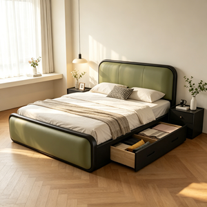 Minimalist <b>Queen</b> <b>Size</b> Storage <b>Bed</b> with PU Leather Upholstery and Rubber Wood <b>Frame</b> Durable Modern Design - Product Image 4