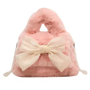 2023 New designer lady fashion handbag cute bow plush shoulder fur bag for girls female furry pearl chain handbag