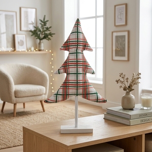 Red Green Plaid Tabletop Christmas <b>Tree</b> Tartan Stuffed <b>Xmas</b> Decor Wood Base Standing Mantel Holiday Decor - Product Image 2