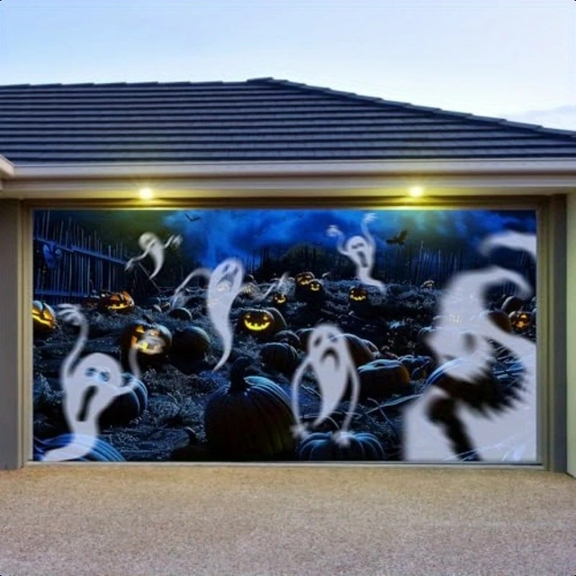 Halloween Ghost Pumpkin Garage Door Banner Night Sky Graveyard Blue Dark Large Garage Door Cover Customizable Outdoor Decor