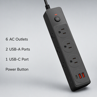 Multiprise industrielle standard américaine à 6 prises avec 2 ports USB-A et 1 port USB-C, anti-surcharge, ignifuge, pour bureau