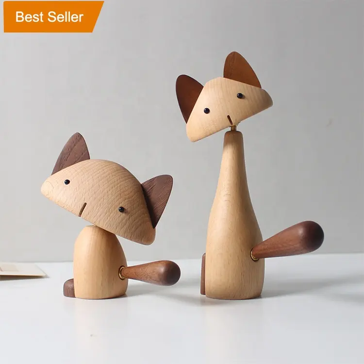Venda al por mayor el ornamento animal de madera de la forma linda del gatito del ornamento de escritorio animal de madera 3D