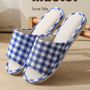 All Seasons Women Men Anti-Slip Checkered Linen Midsole Korean Style Open Toe Indoor <b>Slipper</b> - Product Image 3
