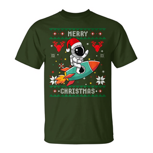 Camiseta con diseño de astronauta navideño feo montado en una cohete y sombrero de Papá Noel - Product Image 2