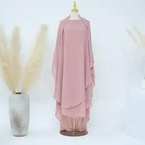 2024 mode prière en mousseline de soie deux couches longue Khimar Hijab Abaya Muslimah couverture complète grande écharpe femmes Hijab