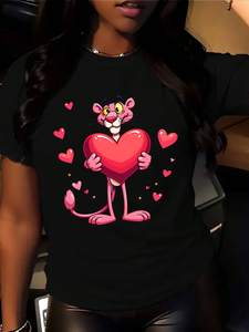 Camiseta de Mujer Pink Panther, Manga Corta, Cuello Redondo, Diseño de Corazón Estampado, 100% Algodón, Ropa Casual de Verano, Corte Regular - Product Image 3
