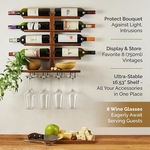 Soporte para decoración de vino, 8 Copas, estante flotante de vino rústico de madera con colgador de copas, estante para vino, estante montado en la pared - Product Image 2