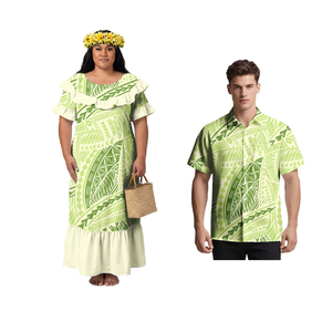 Conjunto de Camisas Unisex con Estampado Tropical de Poliéster, Estilo Samoano, para Parejas, Fiesta Hawaiana, Graduación, Manga de Pétalo, Atuendo Tribal Polinesio para Mujer - Product Image 1