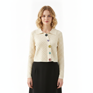 <span class=keywords><strong>Cardigan</strong></span> en tricot pour <span class=keywords><strong>femme</strong></span> à col polo et manches longues, texture losanges, boutons colorés, faible MOQ, personnalisable - Product Image 1