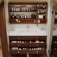 Meuble de salle de bain mural finition noyer avec lavabo en céramique, armoire étanche, fabrication sur mesure, vente en gros, directement de l'usine