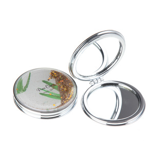 Green Floral Gold Quicksand Glitter Compact Mirror Round Metal Double-Sided <b>Pocket</b> Makeup Mirror HD Glass Travel Mirror Custom - Product Image 1