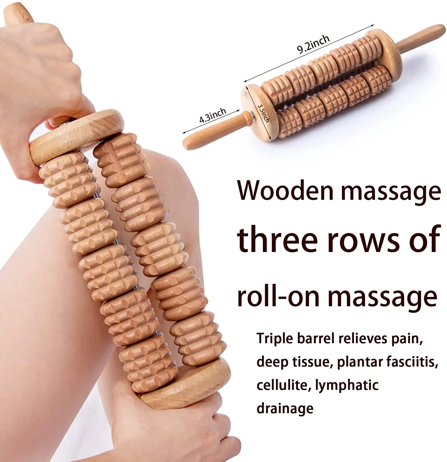 Rullo per massaggio in legno a tre file di drenaggio linfatico strumento per massaggio del corpo in legno portatile anticellulite