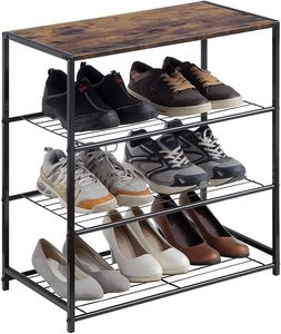 <strong>Shoe</strong> Storage Shelf With MDF Top Board and 4-Tier Metal <strong>Shoe</strong> <strong>Rack</strong>, All-Metal <strong>Shoe</strong> Tower <strong>Rustic</strong> Brown - Product Image 1