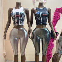 Ensemble 2 pièces sexy et tendance pour femme : Hauts à col rond imprimés et shorts moulants à motif réfléchissant