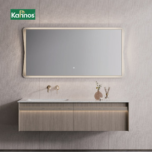 Meubles-lavabos de salle de bain modernes en bois massif de luxe avec cadre ondulé et éclairage LED, portes cannelées, ensemble mural à lavabo unique - Product Image 1