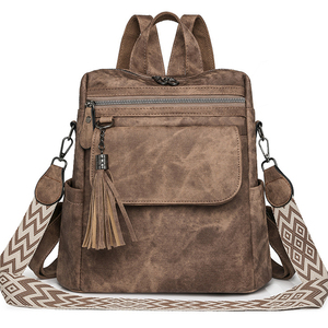 Sac à dos vintage personnalisé pour femme en cuir PU, multi-poches, fermeture éclair, sac à dos décontracté pour femme, sac de voyage quotidien avec pompon, OEM ODM - Product Image 6