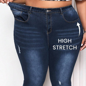 جينز ممزق بمقاسات كبيرة للنساء من المصنع الأصلي، بنطلون جينز ضيق عالي الخصر مرن، جينز كاجوال بلون موحد مع ثقوب - Product Image 3