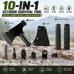 Hache de camping multifonctionnelle 10 en 1, hache de survie avec marteau, couteau, allume-feu, boussole, manche détachable - Product Image 2