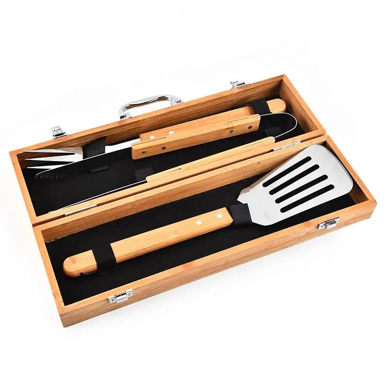 High Quality 3 piece bamboo stainless steel bbq grill tool set With bamboo case