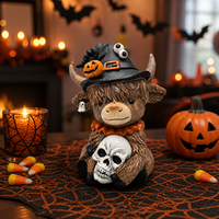Décoration Halloween Figurine en Résine Vache Highland avec Araignée et Citrouille Statue pour Bureau Table Maison