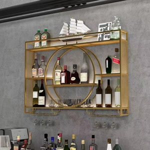 Espositore da Parete per Bottiglie di Vino in Legno Massello e Acciaio Inossidabile Dorato, Arredamento per Casa, Ristoranti e Bar - Product Image 5