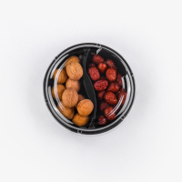 Aangepaste voedselveilige PET 2-compartimenten snackverpakking, transparant, milieuvriendelijk, recycleerbaar plastic doosje voor noten, fruit en groenten