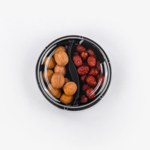 Conteneur à collation rond en PET <span class=keywords><strong>de</strong></span> qualité alimentaire personnalisé à 2 compartiments, boîte d'emballage transparente en plastique écologique pour noix et fruits avec couvercle à fermeture sécurisée - Product Image 2