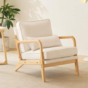 Mid Century Modern Home <b>Accent</b> <b>Chair</b> with Lumbar Pillow Natural White Linen Fabric for Dining Bedroom Lounge Living Room Use - Product Image 1
