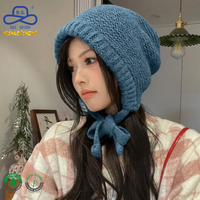 Bonnet en tricot épais bleu poussière, bord côtelé, sangle à nouer, casquette d'hiver certifiée OCS, fourniture OEM/ODM