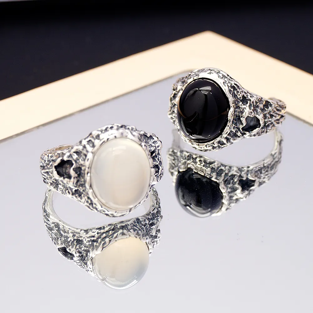 S925 cincin modis perak cincin jari perak oksida hitam Onyx dapat disesuaikan cincin perhiasan pria cincin perhiasan
