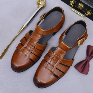 Summer Baotou flip-flops, retro <b>matte</b> leather, genuine leather flip-flops with buckle, men's slip-on shoes - Product Image 3