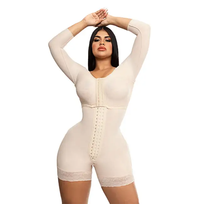 BODYSUIT के साथ मध्य जांघ ब्रा, लंबी आस्तीन, CENTRAR CLASPS , PERINEAL जिपर, पोस्ट सेशन स्लिम Shapewear Fajas Colombianas Sheathing