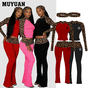 Women 3 Piece Set Leopard Print Raglan Long Sleeve Top and Solid Foldable Waist <strong>Pants</strong> Summer Cotton LoungeWear Custom Logo Oem - Product Image 1